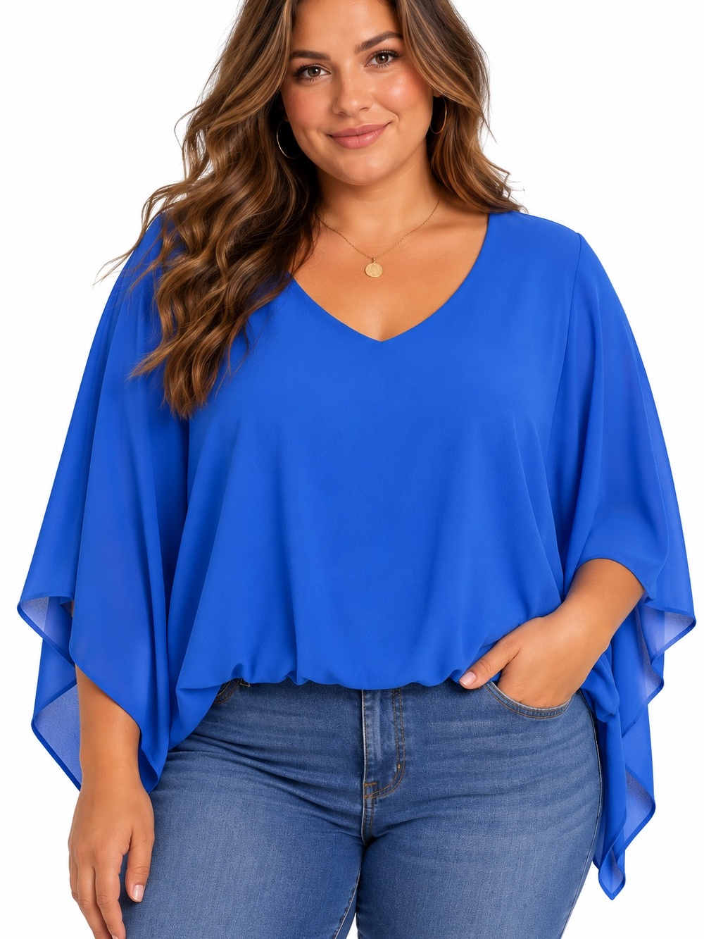 KLD V-Neck Flutter Sleeve Blouse in Royal Blue